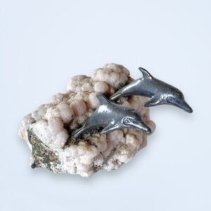 Currier 1981 Vintage Pewter Dolphins Jumping in Wave of Natural Rock Signed